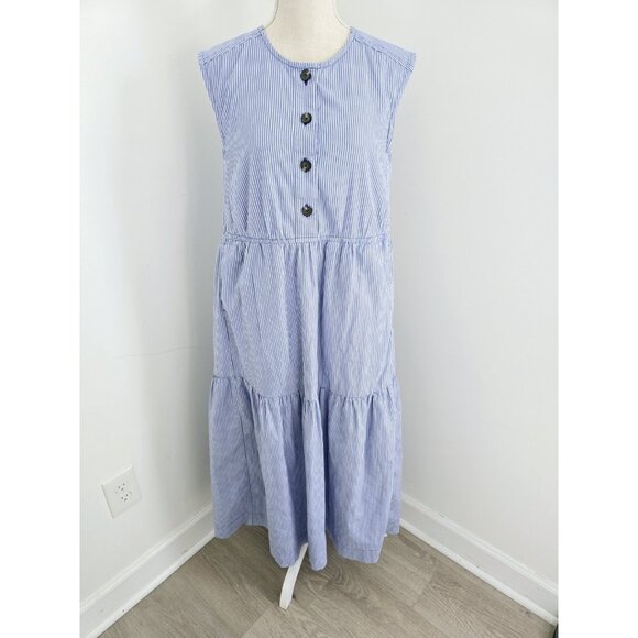 Everlane Cotton Tiered Striped Blue White Sleeveless Midi Maxi Dress S Small - Picture 1 of 13